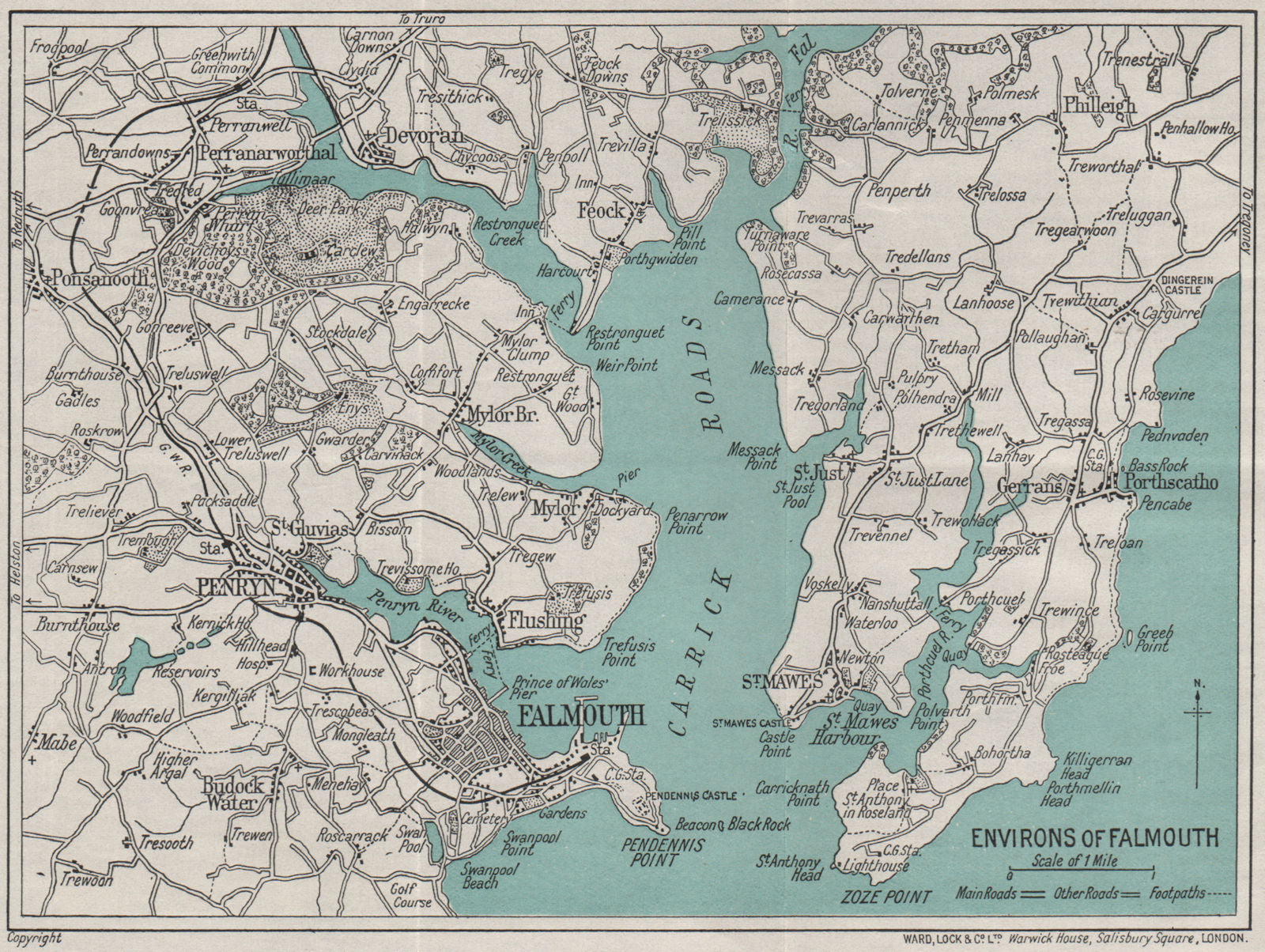 FALMOUTH environs. Carrick Roads Penryn St Mawes. Cornwall. WARD LOCK 1935 map
